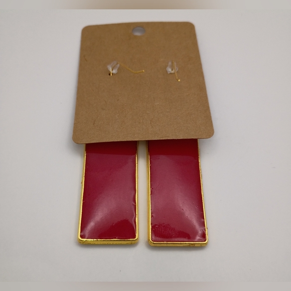 Women's Handmade Red Resin Rectangle Dangle Bezel Fish Hook Earrings - Picture 3 of 3